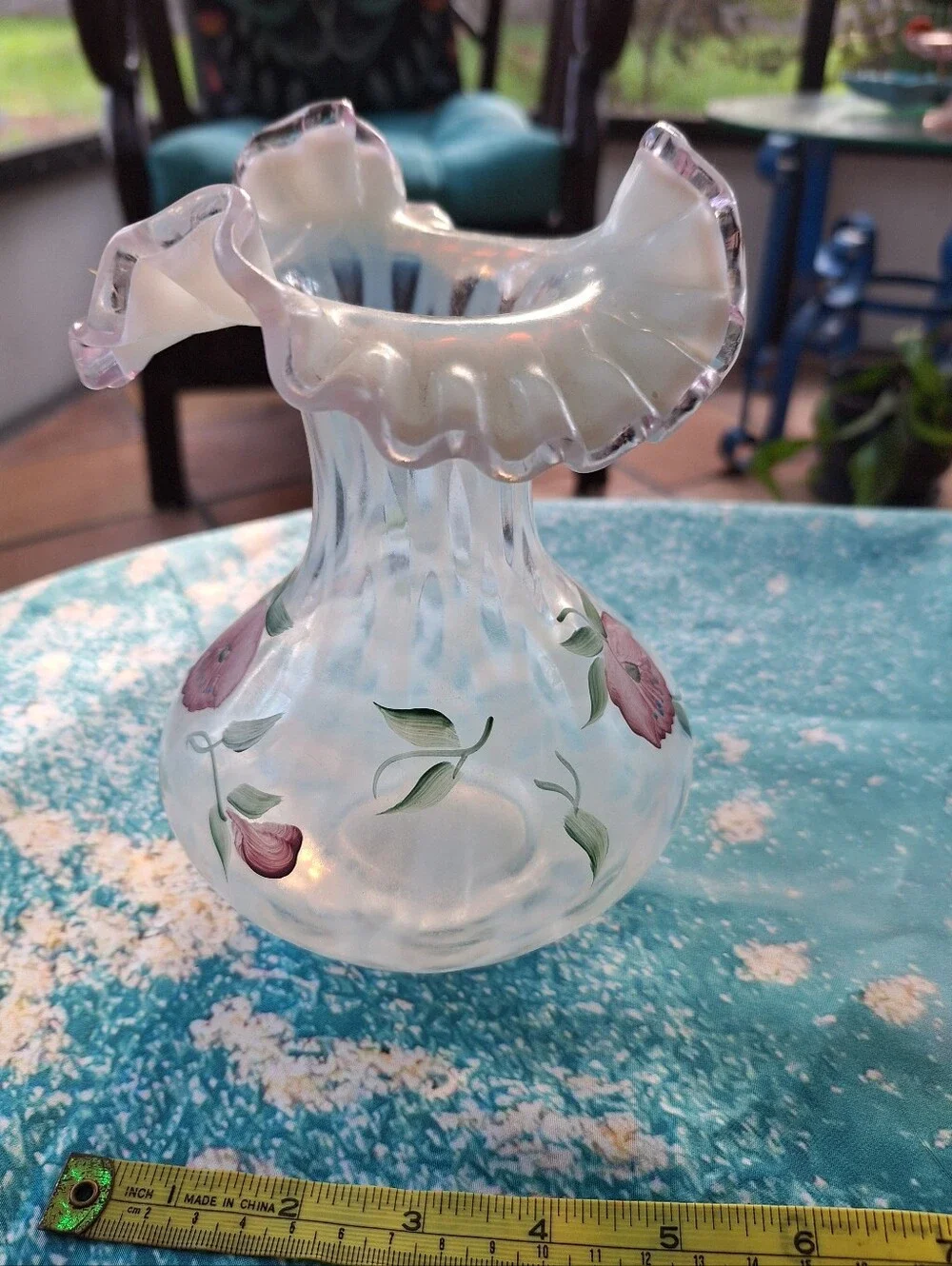 Fenton Vintage Hand-Painted Pink Floral Ruffled Glass Vase